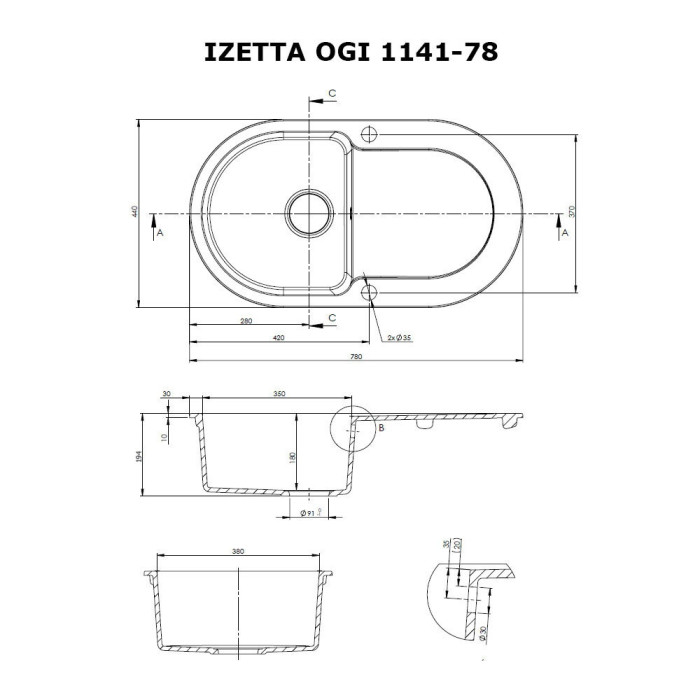 Мийка кухонна гранітна PERFELLI IZETTA OGI 1141-78 GREY METALLIC