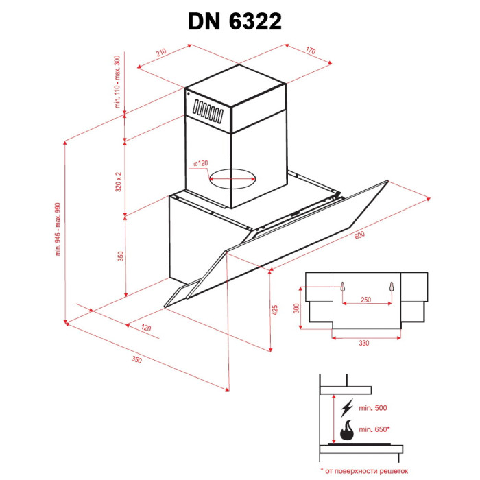 Витяжка декоративна похила PERFELLI DN 6322 W LED