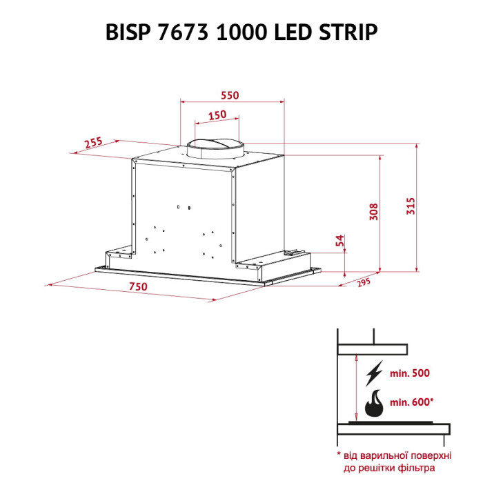 Витяжка повновбудована PERFELLI BISP 7673 BL 1000 LED Strip