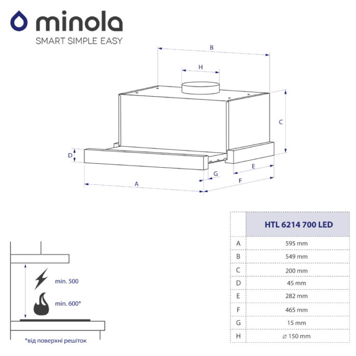 Витяжка телескопічна MINOLA HTL 6214 WH 700 LED