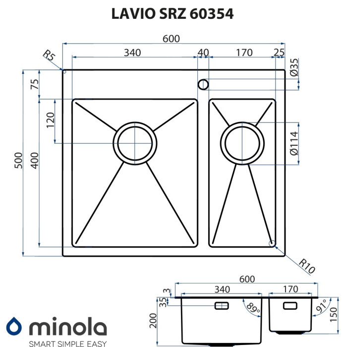 Мийка кухонна нержавіюча сталь MINOLA LAVIO SRZ 60354