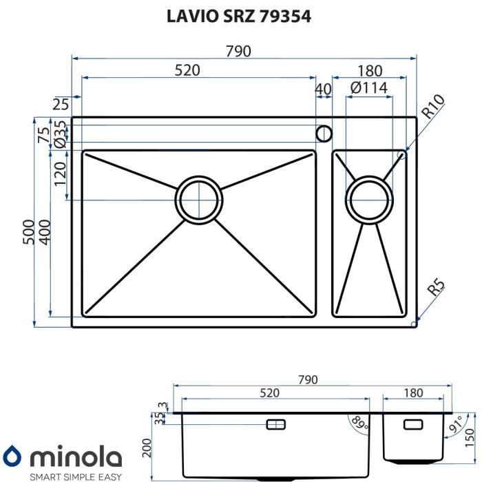 Мийка кухонна нержавіюча сталь MINOLA LAVIO SRZ 79354