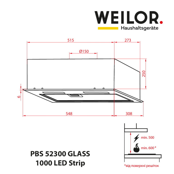 Витяжка повновбудована WEILOR PBS 52300 GLASS BL 1000 LED Strip