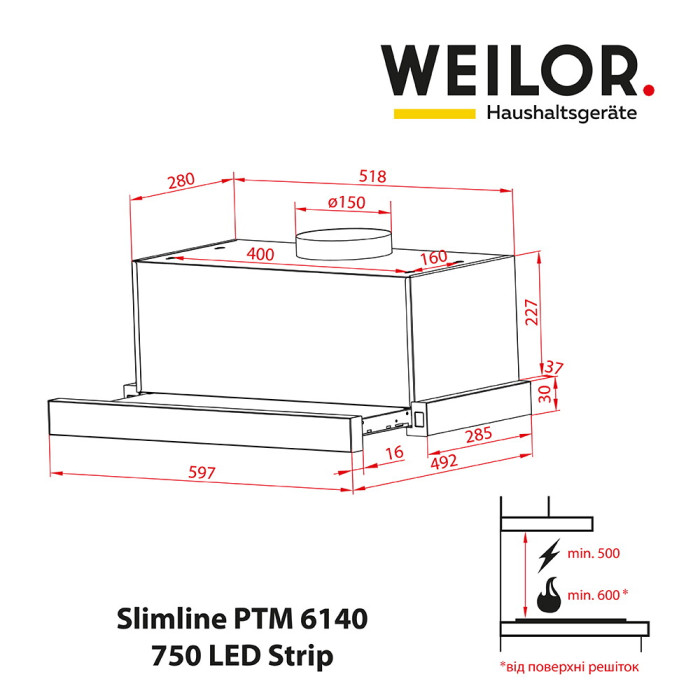 Витяжка телескопічна WEILOR Slimline PTM 6140 SS 750 LED Strip
