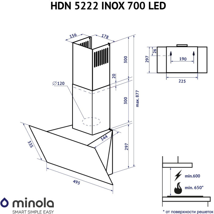 Витяжка декоративна похила MINOLA HDN 5222 BL/INOX 700 LED