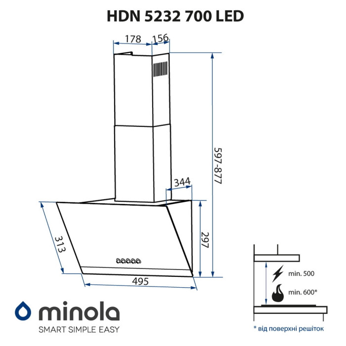 Витяжка декоративна похила MINOLA HDN 5232 BL/INOX 700 LED