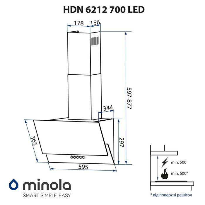 Витяжка декоративна похила MINOLA HDN 6212 BL 700 LED