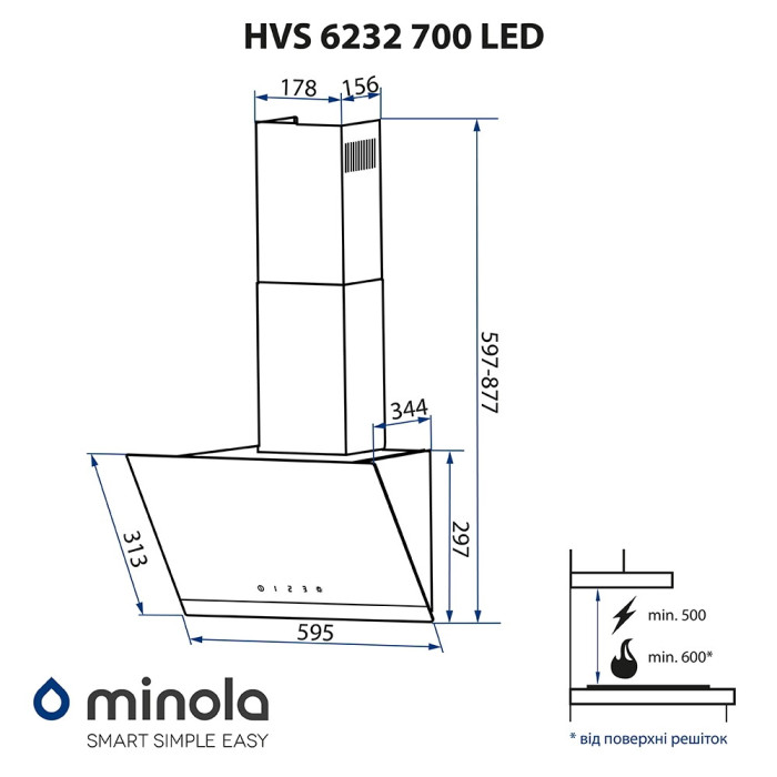 Витяжка декоративна похила MINOLA HVS 6232 WH/INOX 700 LED