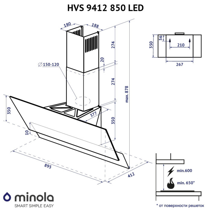 Витяжка декоративна похила MINOLA HVS 9412 BL 850 LED