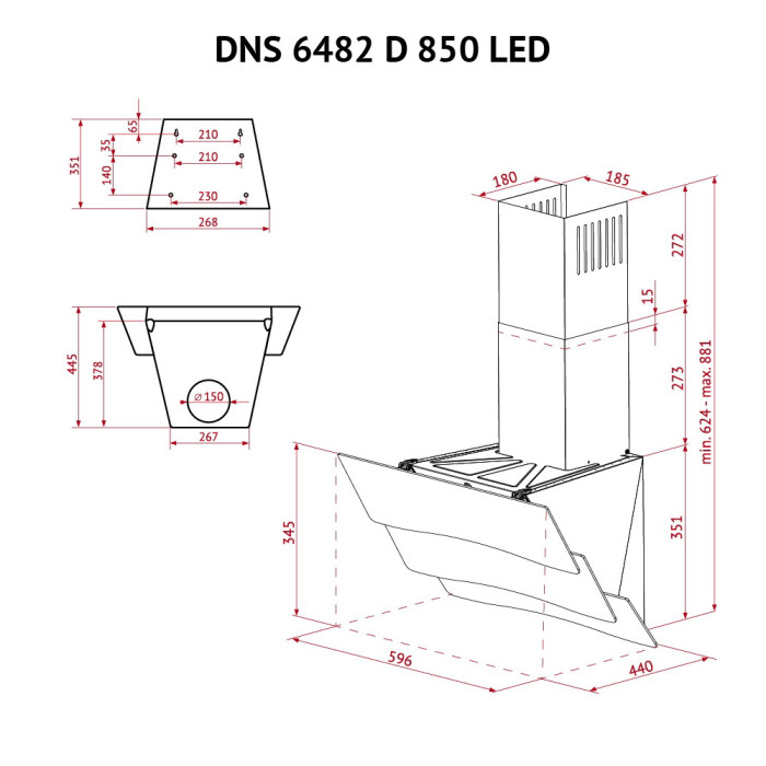 Витяжка декоративна похила PERFELLI DNS 6482 D 850 BL LED