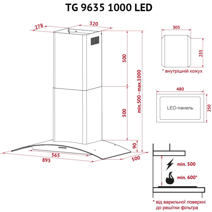 Витяжка декоративна зі склом PERFELLI TG 9635 I 1000 LED
