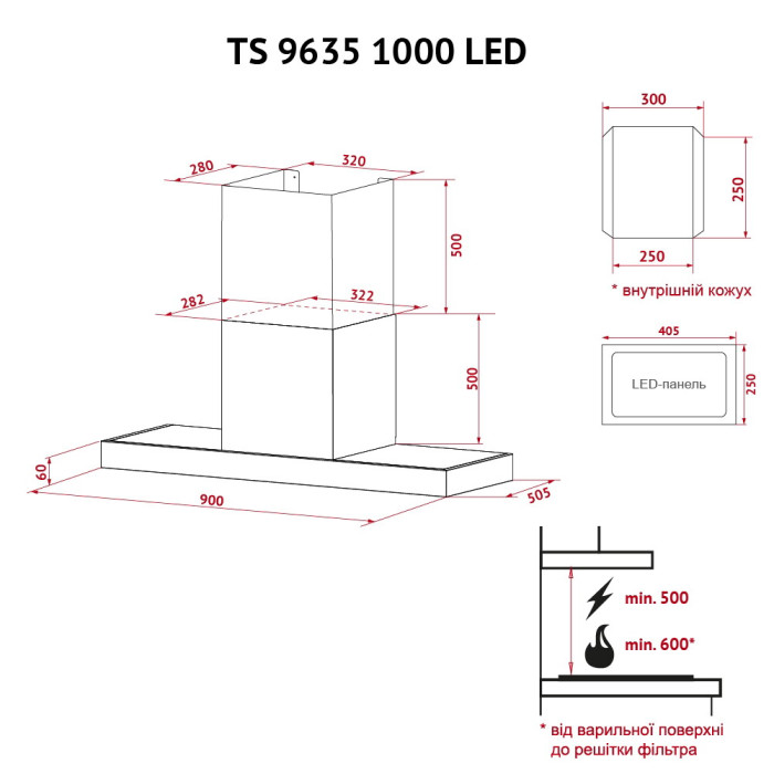 Витяжка декоративна Т-подібна PERFELLI TS 9635 I/WH 1000 LED