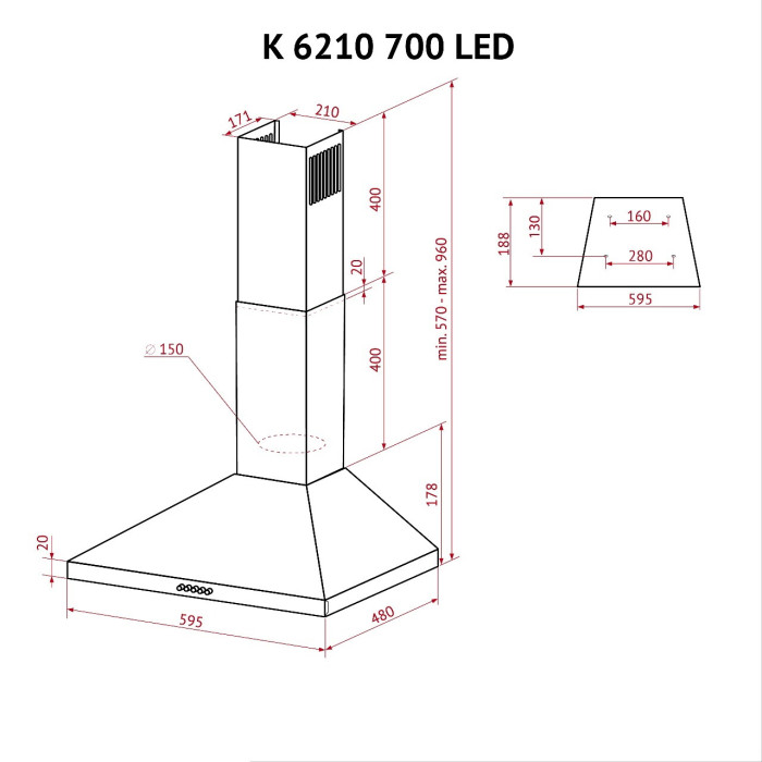 Витяжка купольна PERFELLI K 6210 BL 700 LED
