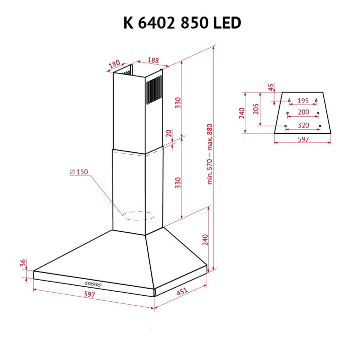 Витяжка купольна PERFELLI K 6402 SG 850 LED