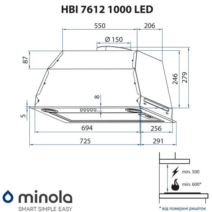 Витяжка повновбудована MINOLA HBI 7612 WH 1000 LED