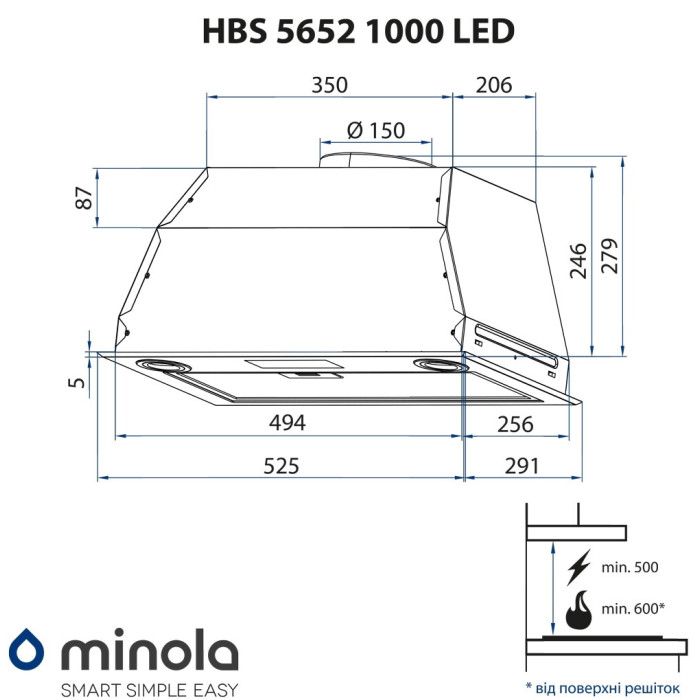 Витяжка повновбудована MINOLA HBS 5652 BL 1000 LED