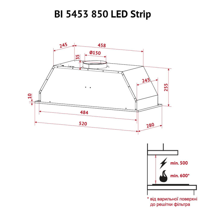 Витяжка повновбудована PERFELLI BI 5453 I 850 LED Strip
