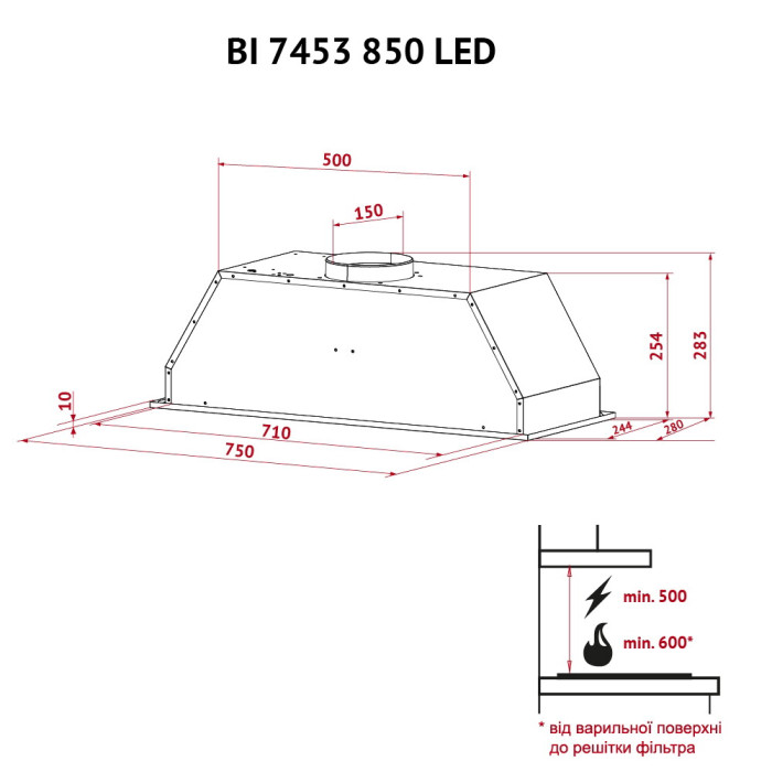 Витяжка повновбудована PERFELLI BI 7453 I 850 LED