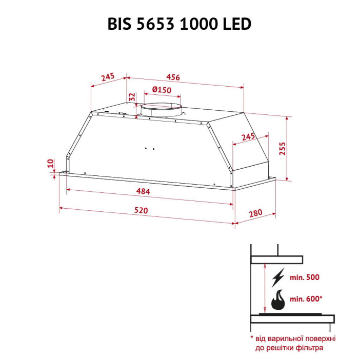 Витяжка повновбудована PERFELLI BIS 5653 I 1000 LED