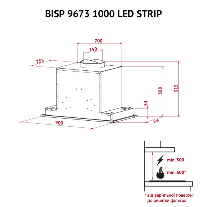 Витяжка повновбудована PERFELLI BISP 9673 BL 1000 LED Strip