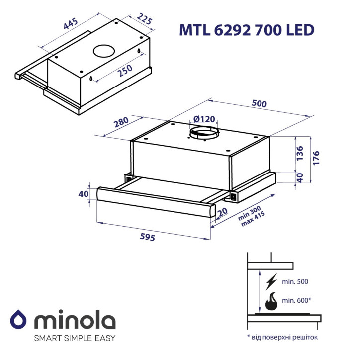 Витяжка телескопічна MINOLA MTL 6292 WH 700 LED
