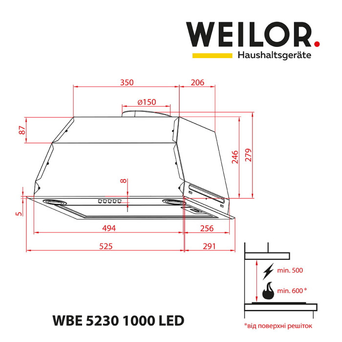 Витяжка повновбудована WEILOR WBE 5230 SS 1000 LED