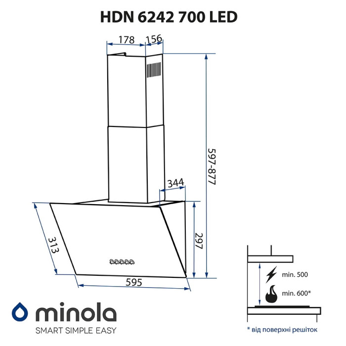 Витяжка декоративна похила MINOLA HDN 6242 BL 700 LED