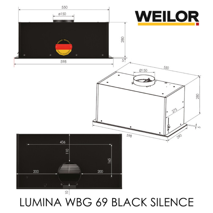 Витяжка повновбудована WEILOR LUMINA WBG 69 BLACK SILENCE